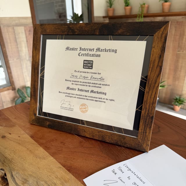 Mason's Master Internet Marketing Certification framed on a desk