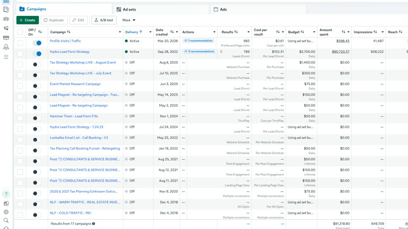 Meta Ads Manager screenshot showing campaigns Rainwater Marketing runs for accounting and tax-planning clients